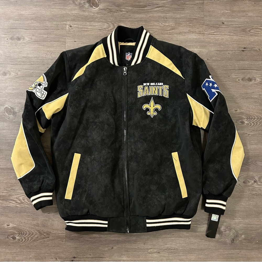 New Orleans Saints Black Suede Raglan Full Zip Varsity Jacket NFL Size XL